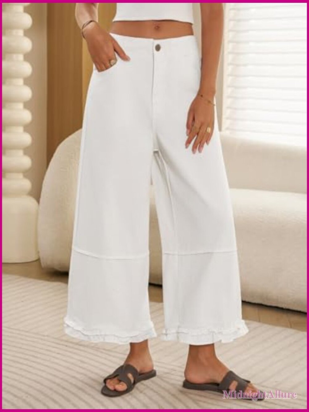 Ruffle Wide Leg Cropped Jeans High Waisted Baggy Denim Pants with Pockets - Picture 2 of 7